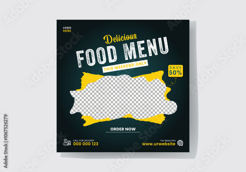 Delicious food menu web poster design for business promotion. Restaurant online sale promotion square web flyer and poster design template.
