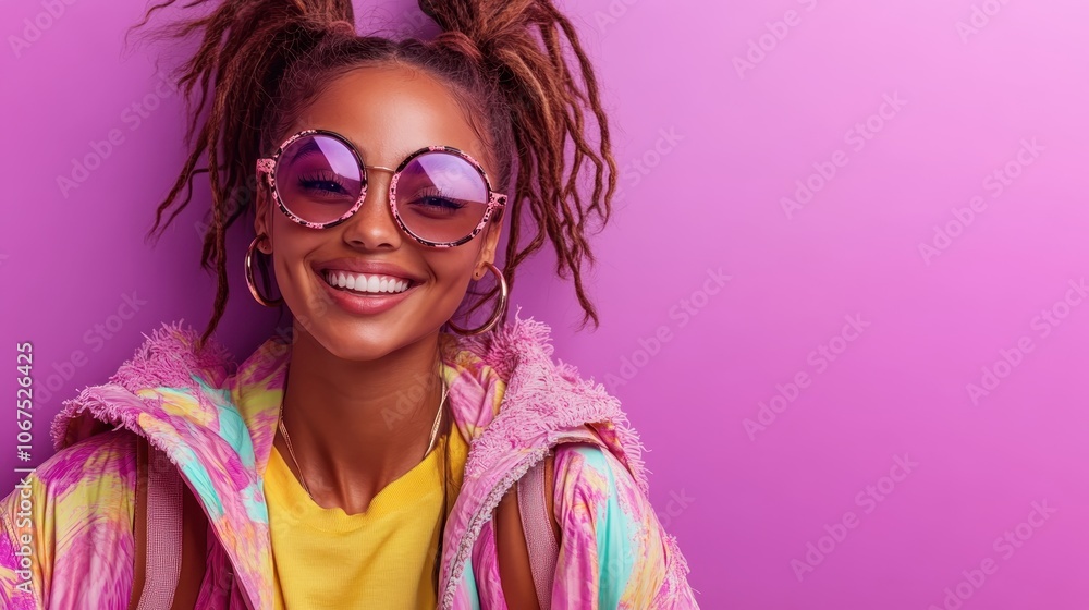 A fashionable woman, donning pink sunglasses and a colorful jacket, smiles brightly against a vibrant pink backdrop, embodying style and positivity. A fashionable woman, donning pink sunglasses and a colorful jacket, smiles brightly against a vibrant pink backdrop, embodying style and positivity.