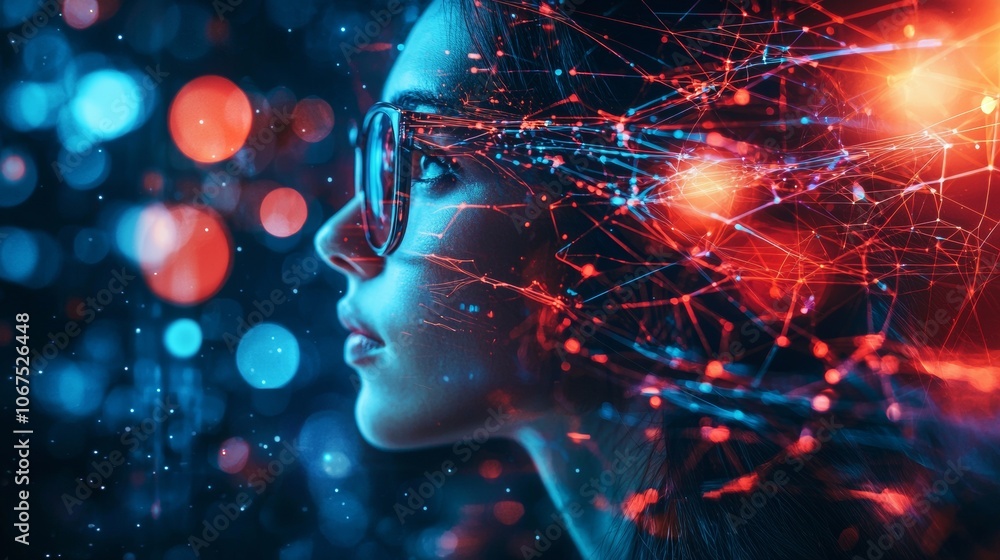 Woman with Digital Connections Overlay in Futuristic Colors Woman with Digital Connections Overlay in Futuristic Colors