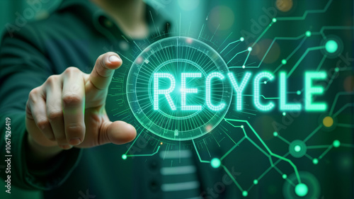 A person touches a digital screen displaying the word "RECYCLE," emphasizing the importance of sustainability. Ideal for environmental campaigns, recycling programs, and tech initiatives