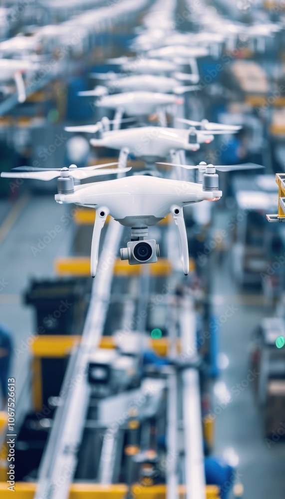 High-Tech Drone Factory with Robotic Assembly and Quality Control Engineers High-Tech Drone Factory with Robotic Assembly and Quality Control Engineers