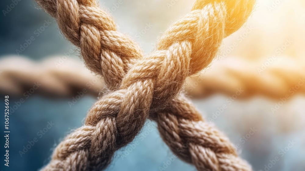 Two intersecting braided ropes in front of a blue background, showcasing strength and connection, symbolizing unity and resilience in a simple, textured style. Two intersecting braided ropes in front of a blue background, showcasing strength and connection, symbolizing unity and resilience in a simple, textured style.