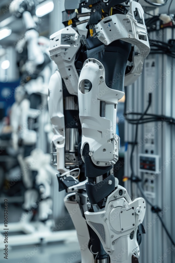 Fototapeta premium Futuristic Factory Manufacturing Exoskeletons with Robotic Systems and Engineers Testing Performance