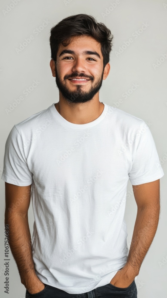 Smiling Young Man in Casual White T-Shirt Smiling Young Man in Casual White T-Shirt