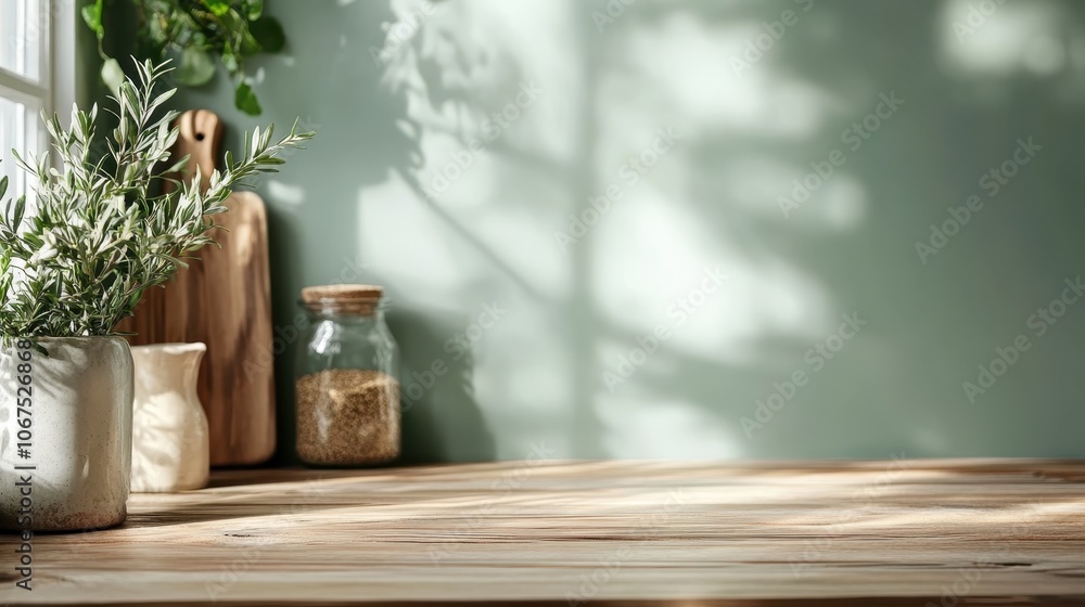 A rustic wooden kitchen counter is adorned with fresh herbs in pots and jars of spices, capturing the essence of natural cooking and country-style ambiance. A rustic wooden kitchen counter is adorned with fresh herbs in pots and jars of spices, capturing the essence of natural cooking and country-style ambiance.