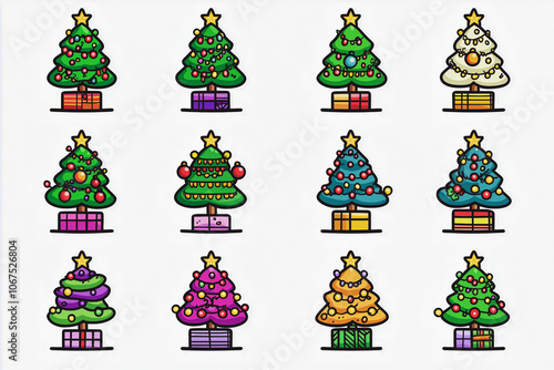 Set of Christmas tree emoji on a white background, each tree is decorated with unique decorations such as ornaments, stars, lights and garlands of bright colors