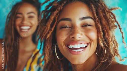 A delightful close-up image capturing a woman with bright, sparkling eyes and a wide smile, set against a vibrant background with another smiling friend nearby, full of joy.