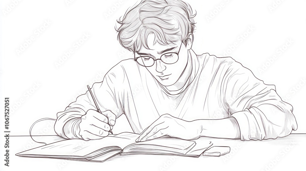 Young Man Studying with Notepad and Pencil Young Man Studying with Notepad and Pencil
