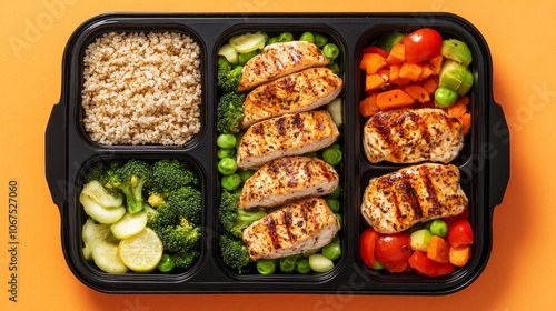 Balanced meal prep featuring portion-controlled containers with vibrant vegetables, lean protein, wholesome grains, promoting healthy eating and meal organization photo