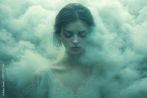 young woman with her head enveloped in a misty cloud symbolizing feelings of depression and isolation the soft hues creating a poignant atmosphere of introspection and reflection