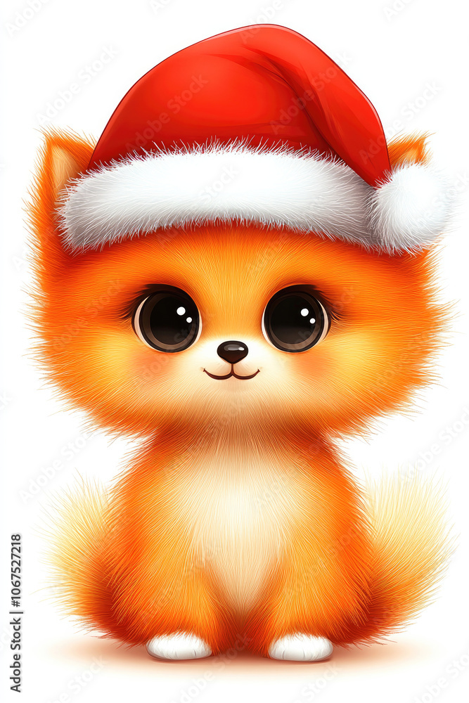 A cute kitten with golden fur and a red and white Santa hat sitting on a white background with copy space. Nice Christmas card with pet. A cute kitten with golden fur and a red and white Santa hat sitting on a white background with copy space. Nice Christmas card with pet.