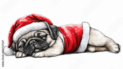 Illustration of a cute pug dog dressed as Santa Claus lying down sleeping on a white background with copy space. Christmas greeting card with a pet.