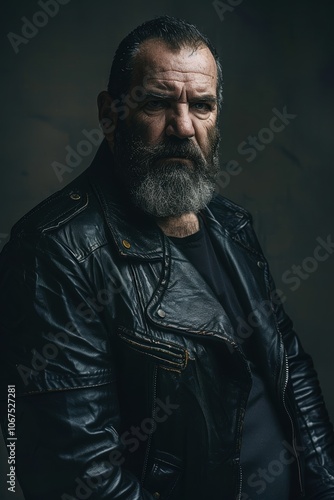 Moody Portrait of Middle-Aged Man in Leather Jacket Against Dark Background for Dramatic Effect