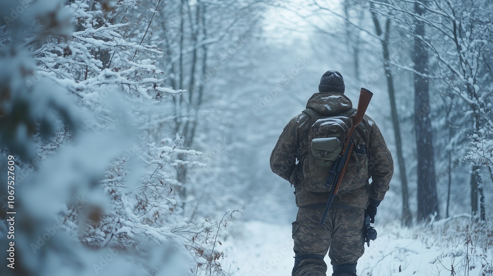 A hunter walks through a snowy forest in winter, surrounded by trees and tranquility, with a rifle slung over his shoulder A hunter walks through a snowy forest in winter, surrounded by trees and tranquility, with a rifle slung over his shoulder