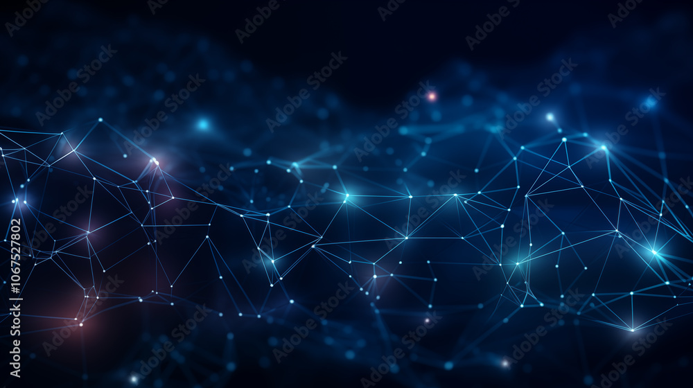 Abstract technological network with glowing nodes and lines. Geometric background of space interweaving. Modern background for banners, posters and social networks. Selective focus Abstract technological network with glowing nodes and lines. Geometric background of space interweaving. Modern background for banners, posters and social networks. Selective focus