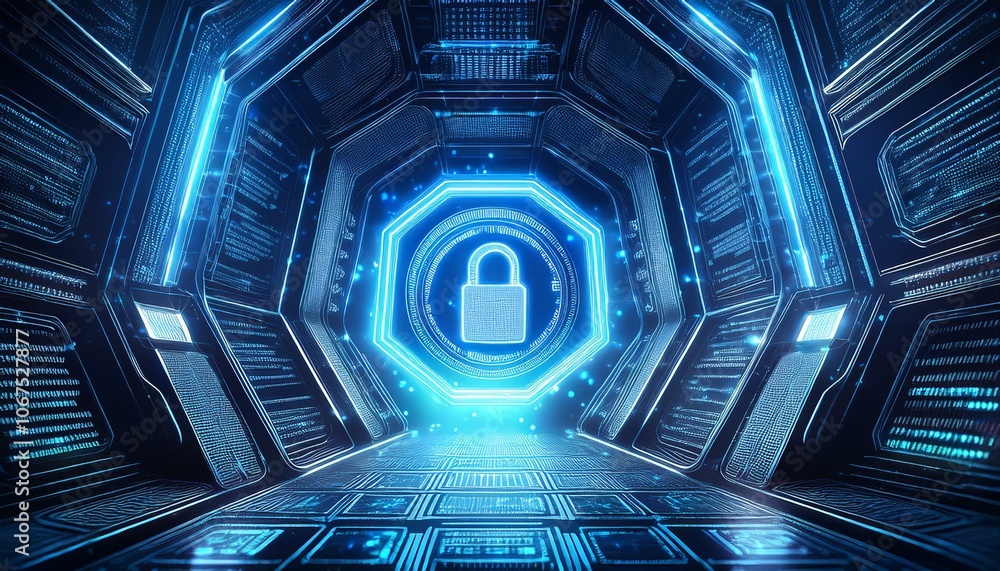 Cybersecurity Gateway: Futuristic digital tunnel with glowing blue padlock icon, symbolizing secure data and advanced network protection. Cybersecurity Gateway: Futuristic digital tunnel with glowing blue padlock icon, symbolizing secure data and advanced network protection.