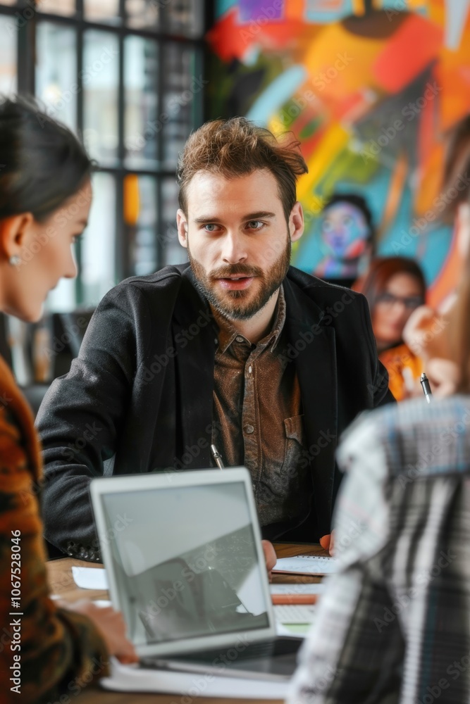 Marketing Executives Discuss Brand Partnership with Fashion Designer in Modern Office Setting Marketing Executives Discuss Brand Partnership with Fashion Designer in Modern Office Setting