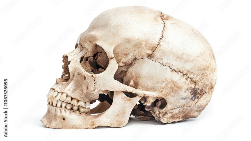 Human skull in high detail, isolated on white, all bone structures visible, scientific and medical illustration Human skull in high detail, isolated on white, all bone structures visible, scientific and medical illustration