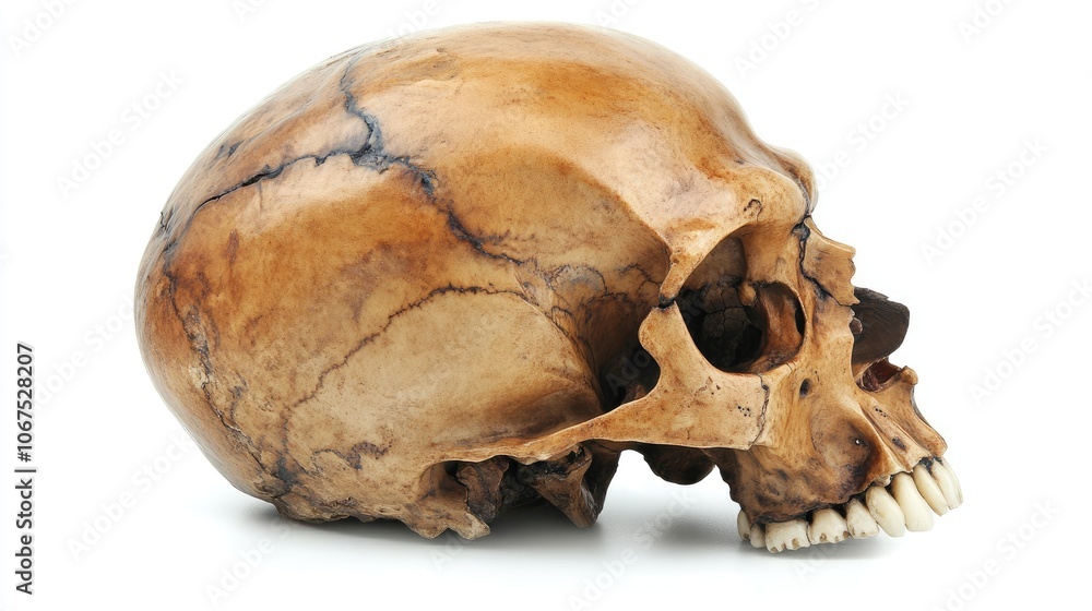Human skull in high detail, isolated on white, all bone structures visible, scientific and medical illustration Human skull in high detail, isolated on white, all bone structures visible, scientific and medical illustration
