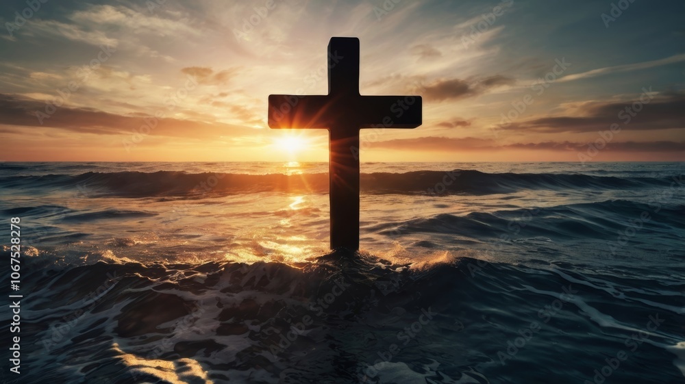 Christian cross standing in ocean waves at sunset symbolizing faith and spirituality Christian cross standing in ocean waves at sunset symbolizing faith and spirituality