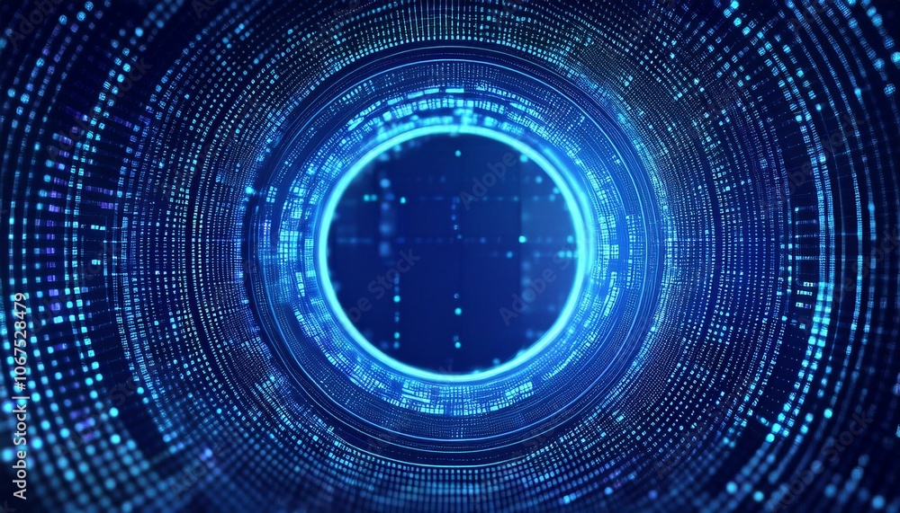 Digital Vortex: Abstract digital tunnel with glowing blue neon circle. Futuristic technology background, data stream, binary code, artificial intelligence, cyber space, virtual reality. Digital Vortex: Abstract digital tunnel with glowing blue neon circle. Futuristic technology background, data stream, binary code, artificial intelligence, cyber space, virtual reality.