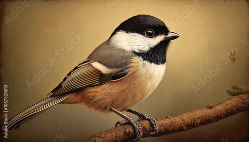 A replication of an old art print depicting a black-capped chickadee perched on a branch. A hint of texture that makes it look like an old painting.
