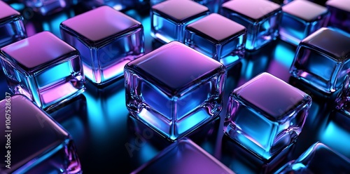 Abstract Blue and Purple Glass Cubes on Black Background. AI generated illustration