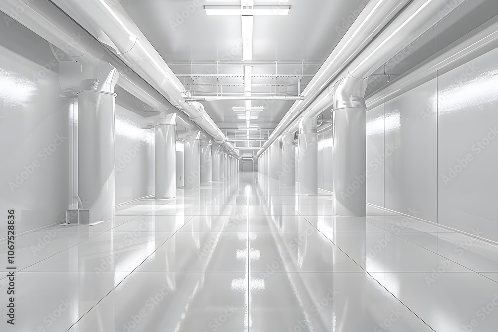 Sleek and Modern Industrial Corridor with Reflective Surfaces Sleek and Modern Industrial Corridor with Reflective Surfaces
