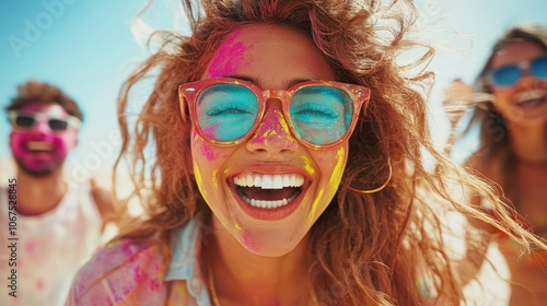 A woman with a joyful smile on her face is covered with colorful paint hues while enjoying a lively beach gathering on a bright sunny day.