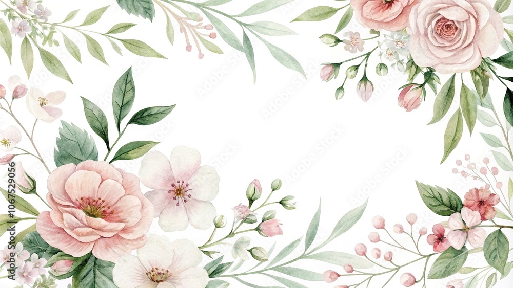 Fototapeta premium Delicate watercolor floral pattern with soft petals and greenery, serene, folk art, classic, traditional