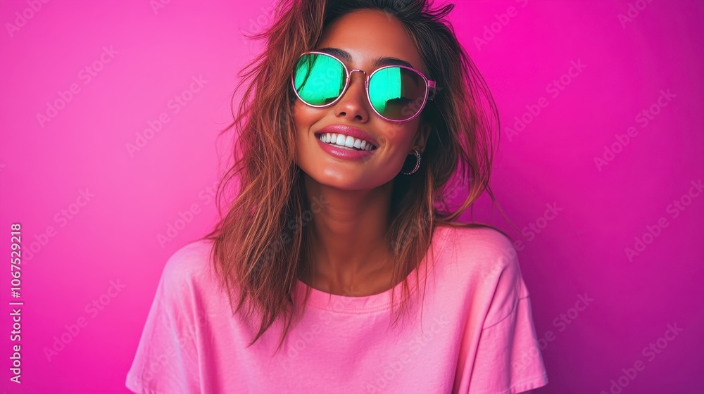 A woman in a pink shirt, smiling brightly, wearing reflective sunglasses against a vibrant pink background, exuding confidence and joy. A woman in a pink shirt, smiling brightly, wearing reflective sunglasses against a vibrant pink background, exuding confidence and joy.