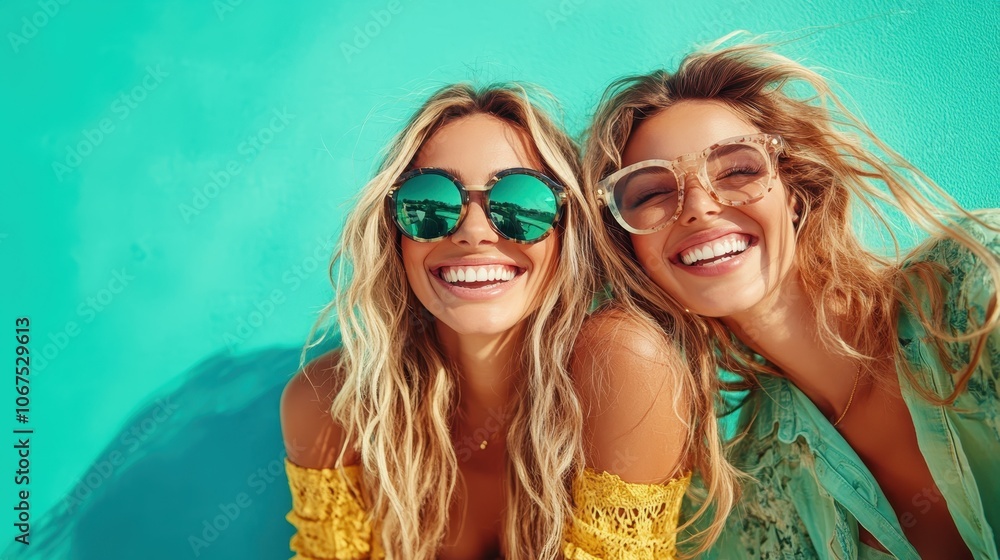 Two smiling women with sunglasses posing against a bright turquoise background, exuding happiness and friendship on a sunny day in casual summer outfits. Two smiling women with sunglasses posing against a bright turquoise background, exuding happiness and friendship on a sunny day in casual summer outfits.