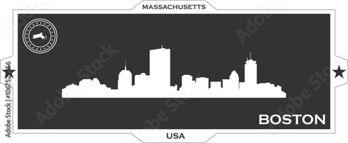 White gaming banner of city skyline of city of Boston with black background with inscription of the name of the city, date of establishment and name and map of US state of Massachusetts whit stars