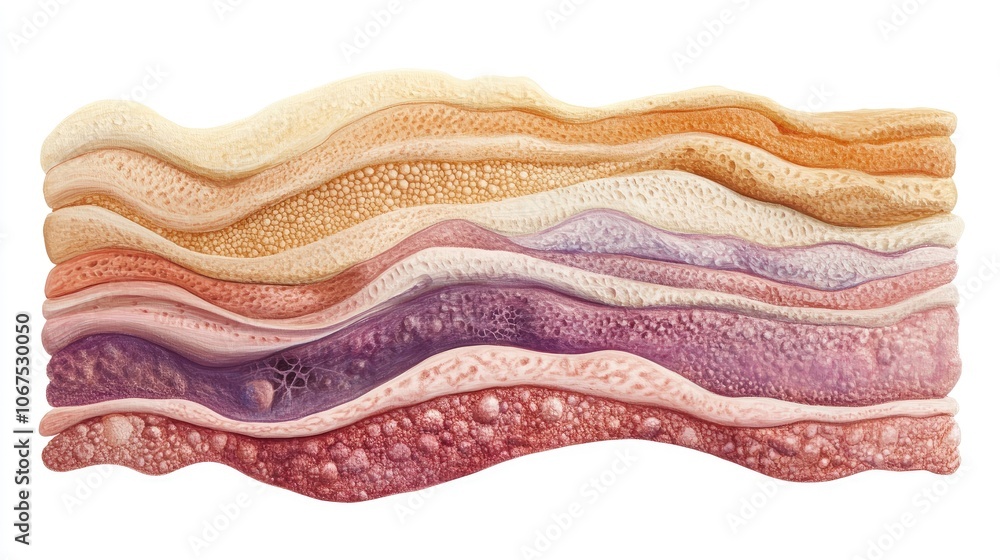 Layered skin anatomy, showing epidermis to hypodermis, isolated on white, detailed educational illustration Layered skin anatomy, showing epidermis to hypodermis, isolated on white, detailed educational illustration