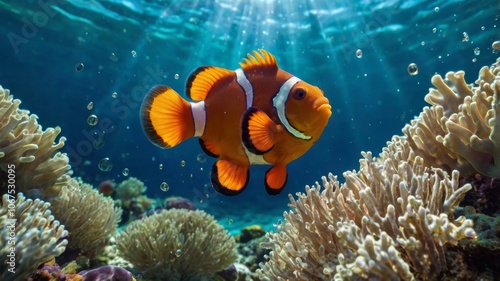 Ocellaris clownfish swimming near coral reef in the ocean