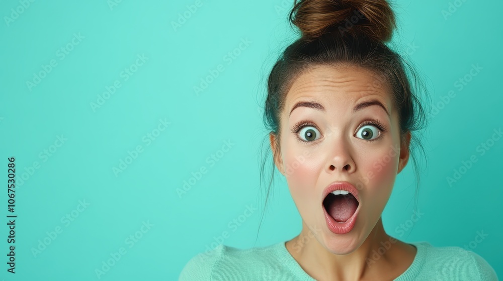 A young woman with a topknot and surprised expression against a turquoise background captures a moment of shock or surprise, embodying spontaneity and intrigue. A young woman with a topknot and surprised expression against a turquoise background captures a moment of shock or surprise, embodying spontaneity and intrigue.