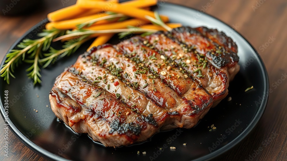 Grilled ribeye beef steak seasoned with herbs and spices on a black plate, cooking, spice Grilled ribeye beef steak seasoned with herbs and spices on a black plate, cooking, spice
