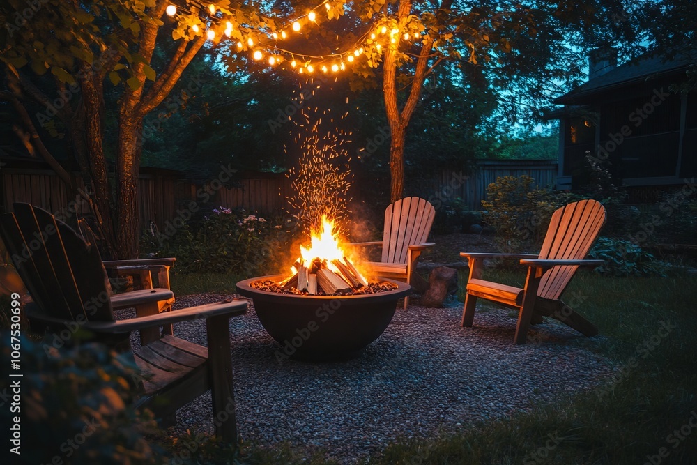 Cozy Backyard Fire Pit with Adirondack Chairs at Night. AI generated illustration Cozy Backyard Fire Pit with Adirondack Chairs at Night. AI generated illustration