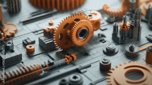 Mechanical design illustration, featuring gears, blueprints, and 3D models, flat and detailed vector photo