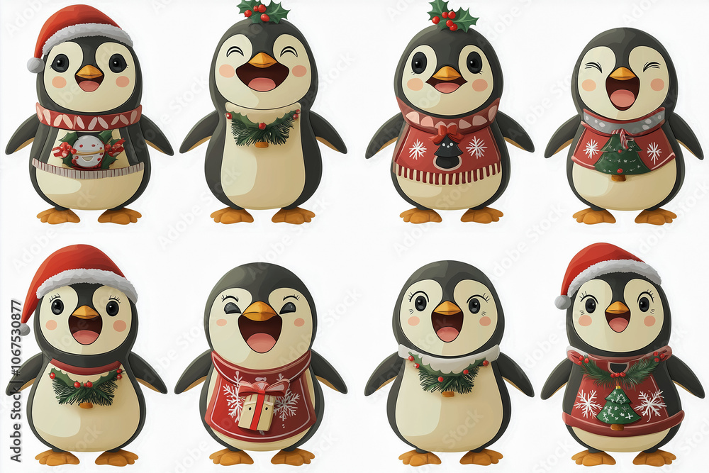 A set of emidji cartoon penguins on a white background in Christmas clothes expressing different emotions. A set of emidji cartoon penguins on a white background in Christmas clothes expressing different emotions.