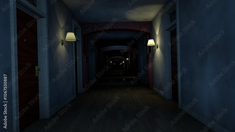 Fototapeta premium Scary hotel corridor with flickering lights. Dark hallway with lamps and doors. 3d render.
