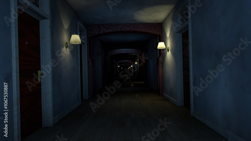Scary hotel corridor with flickering lights. Dark hallway with lamps and doors.  3d render.