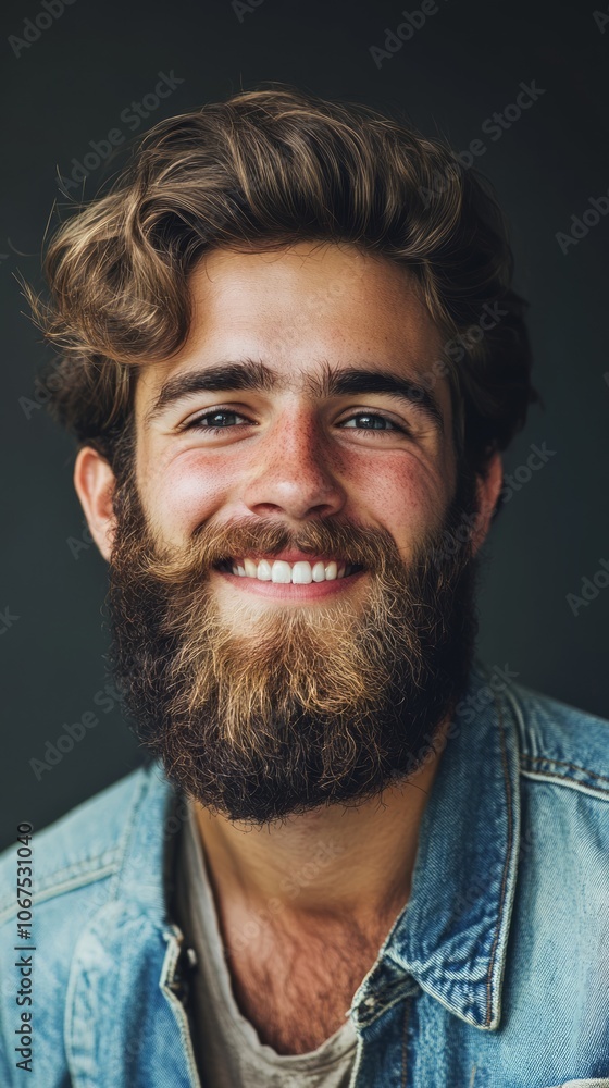 Smiling Young Man with Beard in Casual Denim Jacket Smiling Young Man with Beard in Casual Denim Jacket