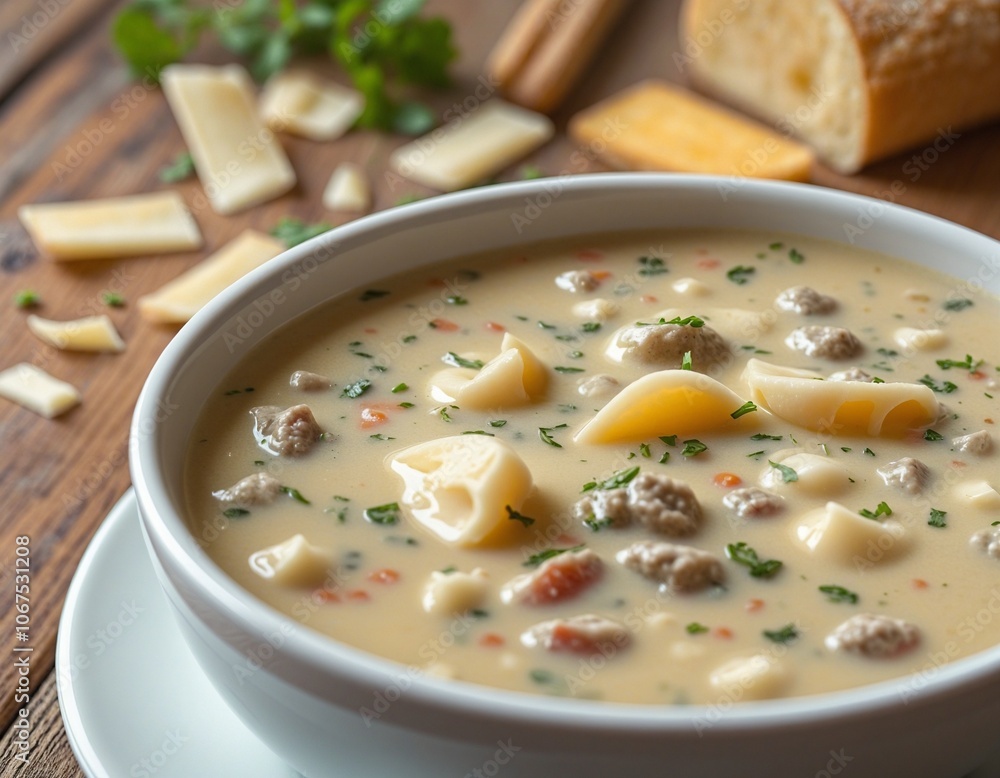Creamy Beef Pasta Soup in a Rustic Kitchen Creamy Beef Pasta Soup in a Rustic Kitchen