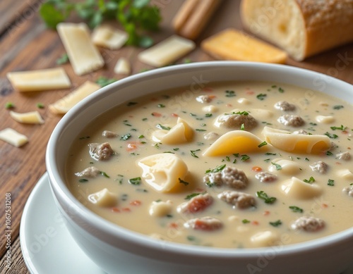 Creamy Beef Pasta Soup in a Rustic Kitchen