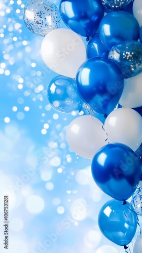 Festive Blue and White Balloon Arrangement with Soft Bokeh Background