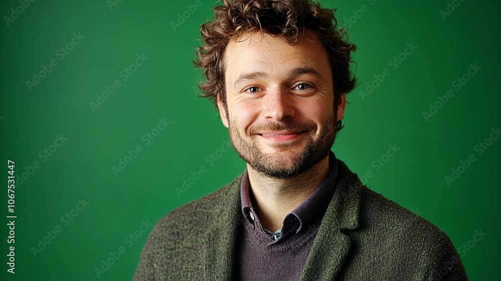 Young adult male with curly hair and a beard smiles on a green screen background. He is wearing a green jacket and a grey shirt Young adult male with curly hair and a beard smiles on a green screen background. He is wearing a green jacket and a grey shirt