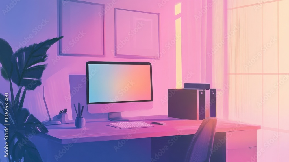 Modern home office illustration, showing a minimalist desk setup with computer and indoor plant Modern home office illustration, showing a minimalist desk setup with computer and indoor plant