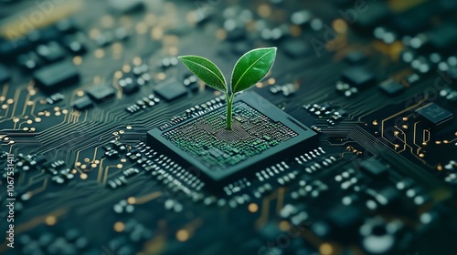 Eco-Friendly Technology: Green Plant Growing on a Circuit Board. AI generated illustration