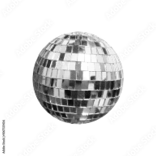 Round shining disco ball isolated on white background. Halftone effect. 90s. Dots. Trendy vintage style. Celebrating Christmas, New Year, party and wedding. Vector illustration.